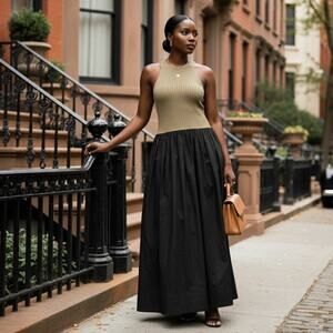 NEW Banana Republic Ribbed Racerback Tank Drop Waist Maxi Dress Olive Black Sz M